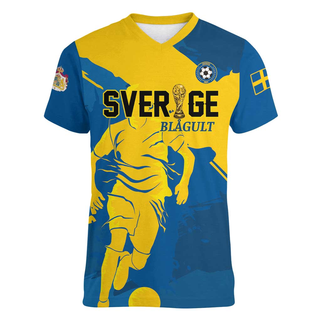 Custom Football 2026 Sweden Women V-Neck T-Shirt Sverige Blagult Tillsammans