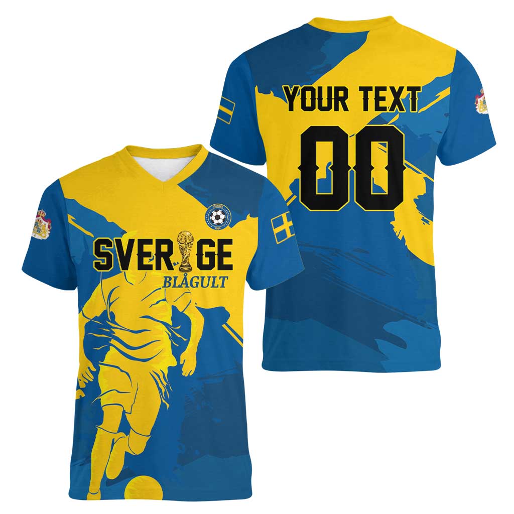 Custom Football 2026 Sweden Women V-Neck T-Shirt Sverige Blagult Tillsammans