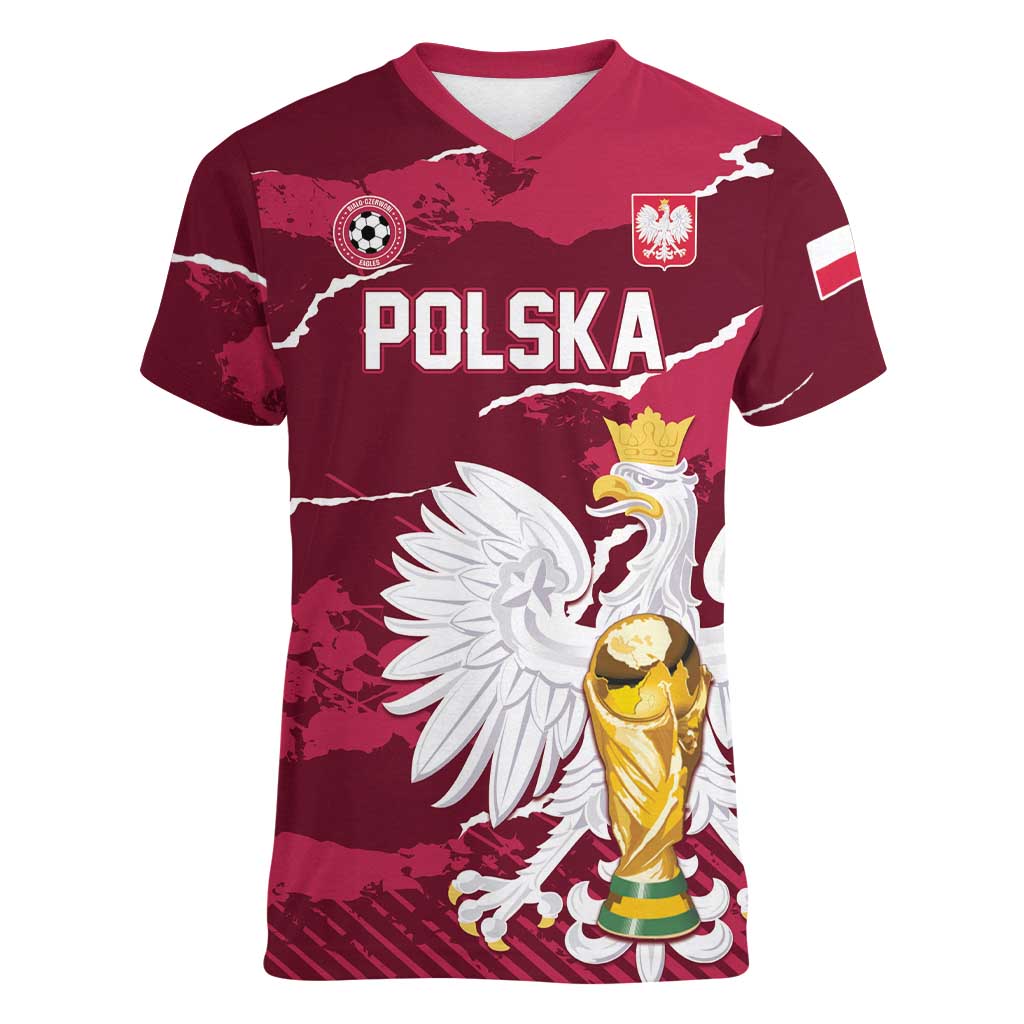 Custom Football 2026 Poland Women V-Neck T-Shirt Go Polska Eagles