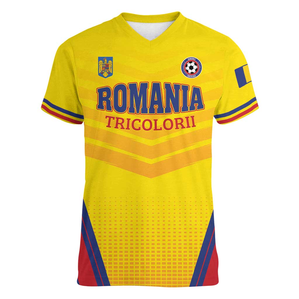 Custom Football Romania Women V-Neck T-Shirt Hai Tricolorii