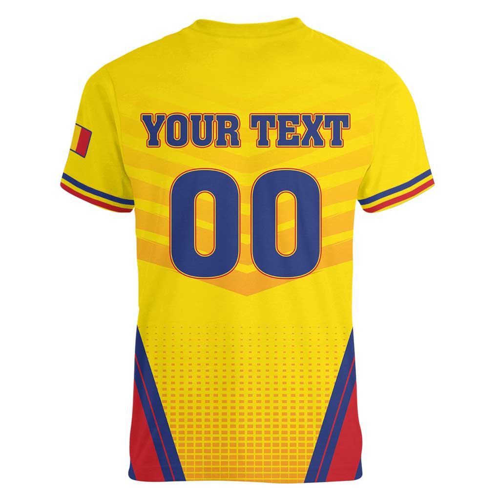 Custom Football Romania Women V-Neck T-Shirt Hai Tricolorii