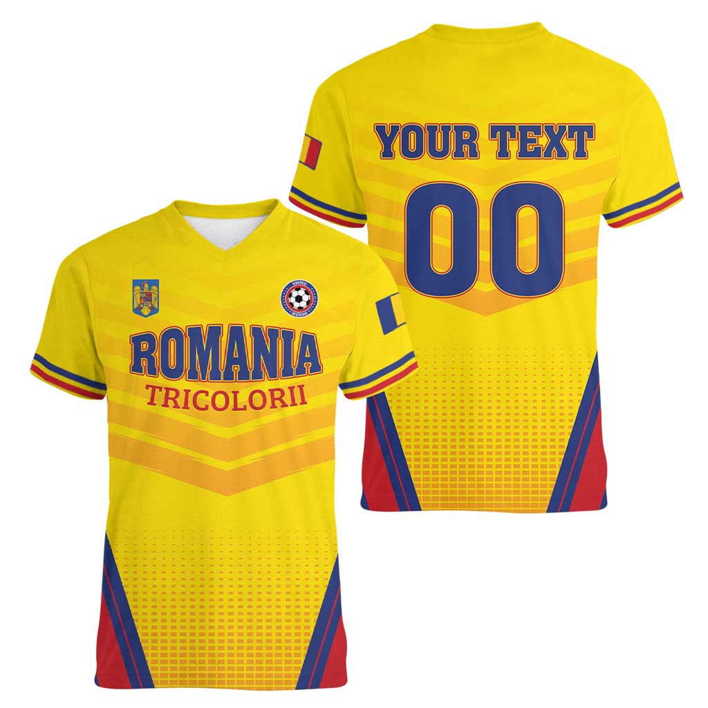 Custom Football Romania Women V-Neck T-Shirt Hai Tricolorii