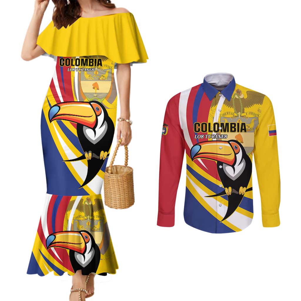 Custom Colombia Rugby Couples Matching Mermaid Dress and Long Sleeve Button Shirt Los Tucanes Go Champions
