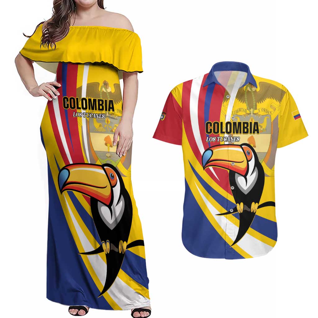 Custom Colombia Rugby Couples Matching Off Shoulder Maxi Dress and Hawaiian Shirt Los Tucanes Go Champions