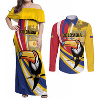 Custom Colombia Rugby Couples Matching Off Shoulder Maxi Dress and Long Sleeve Button Shirt Los Tucanes Go Champions