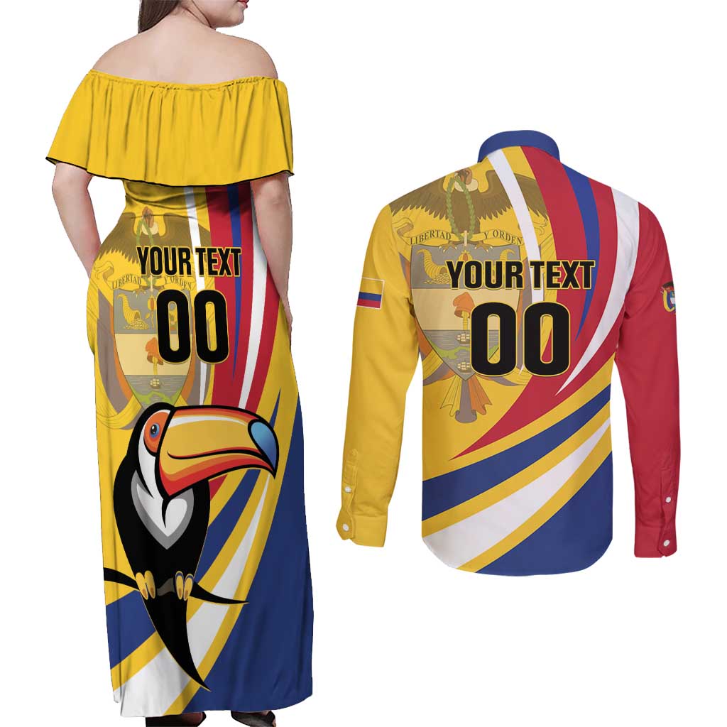 Custom Colombia Rugby Couples Matching Off Shoulder Maxi Dress and Long Sleeve Button Shirt Los Tucanes Go Champions