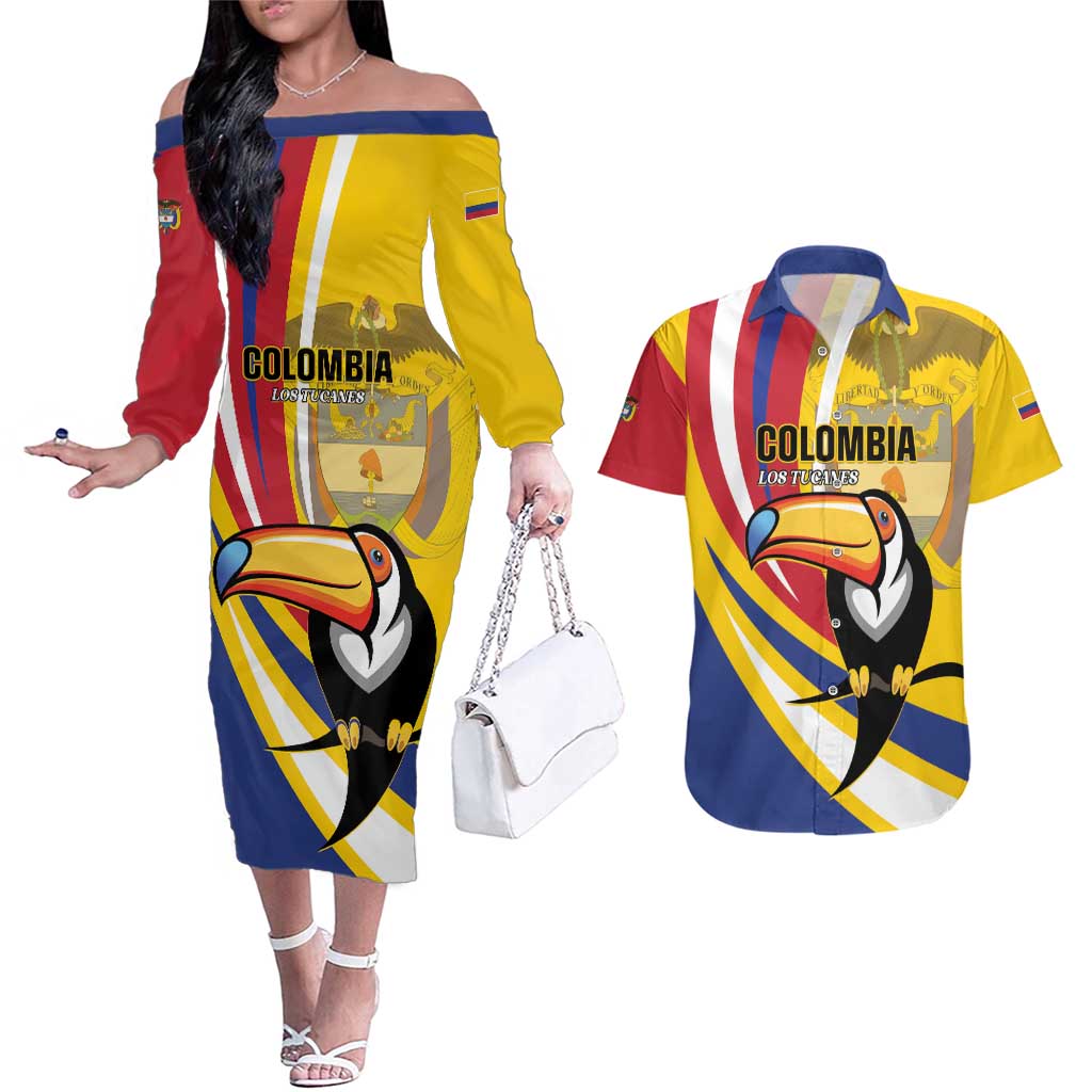 Custom Colombia Rugby Couples Matching Off The Shoulder Long Sleeve Dress and Hawaiian Shirt Los Tucanes Go Champions