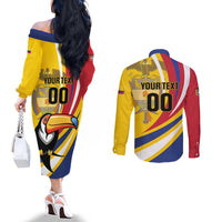 Custom Colombia Rugby Couples Matching Off The Shoulder Long Sleeve Dress and Long Sleeve Button Shirt Los Tucanes Go Champions