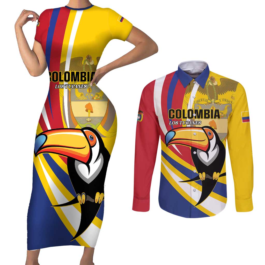 Custom Colombia Rugby Couples Matching Short Sleeve Bodycon Dress and Long Sleeve Button Shirt Los Tucanes Go Champions