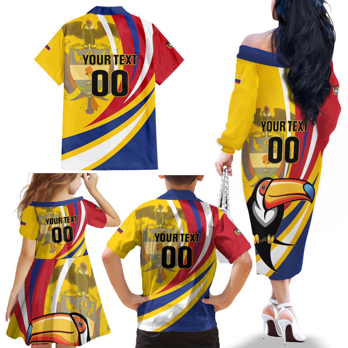 Custom Colombia Rugby Family Matching Off The Shoulder Long Sleeve Dress and Hawaiian Shirt Los Tucanes Go Champions