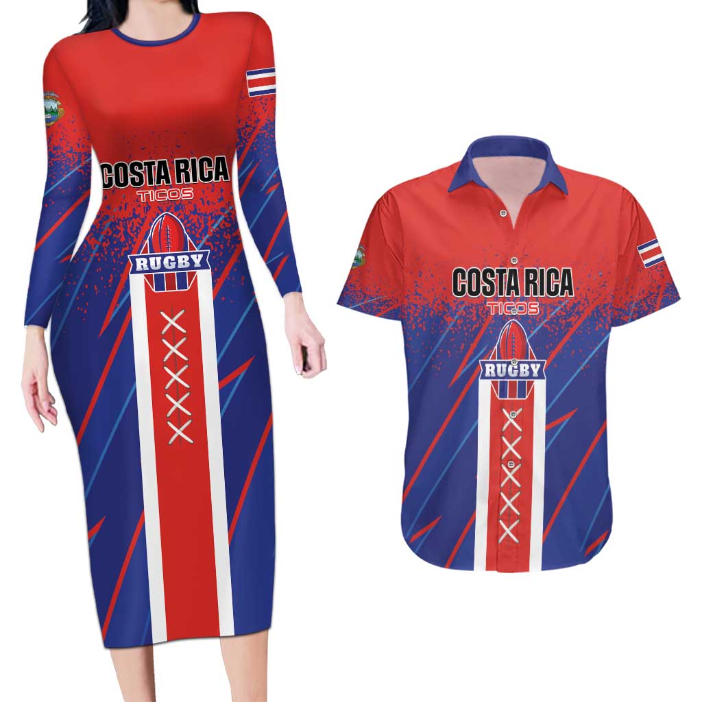 Custom Costa Rica Rugby Couples Matching Long Sleeve Bodycon Dress and Hawaiian Shirt Ticos Go Champions