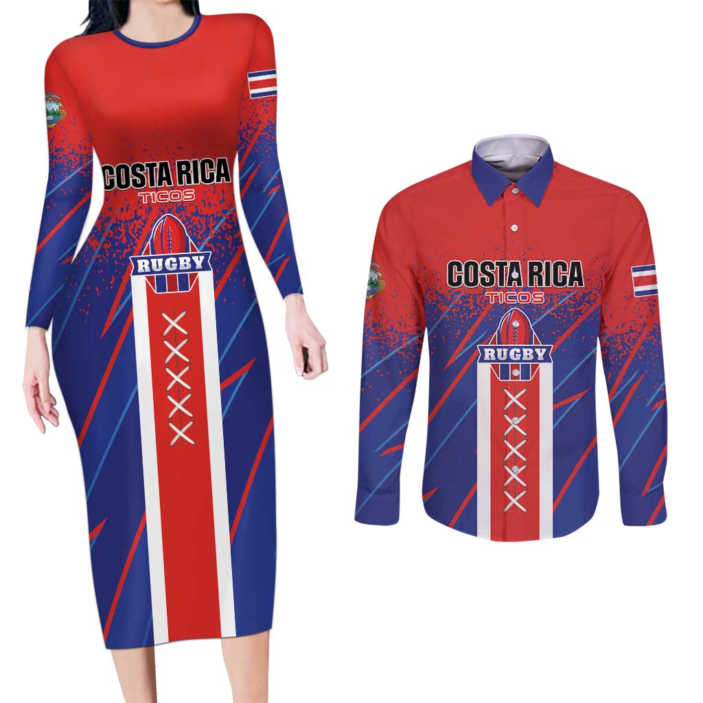 Custom Costa Rica Rugby Couples Matching Long Sleeve Bodycon Dress and Long Sleeve Button Shirt Ticos Go Champions
