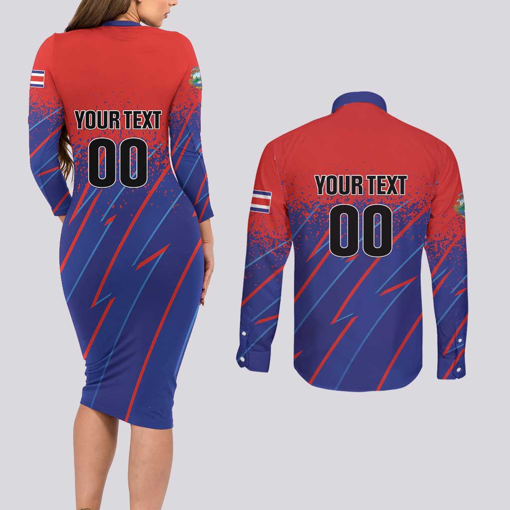 Custom Costa Rica Rugby Couples Matching Long Sleeve Bodycon Dress and Long Sleeve Button Shirt Ticos Go Champions