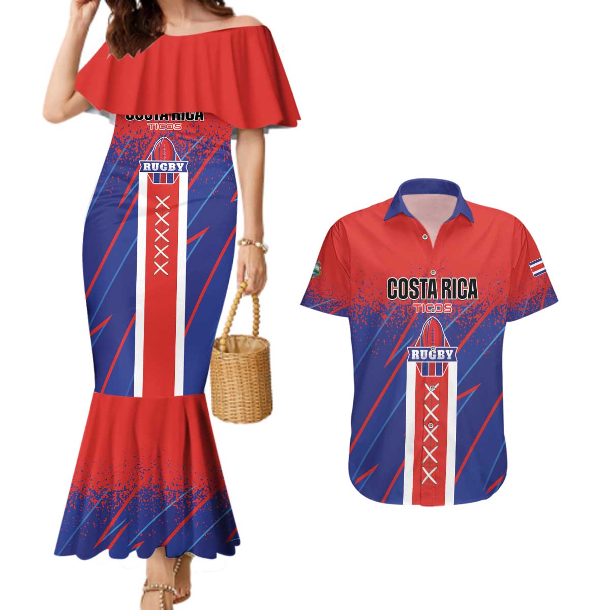 Custom Costa Rica Rugby Couples Matching Mermaid Dress and Hawaiian Shirt Ticos Go Champions