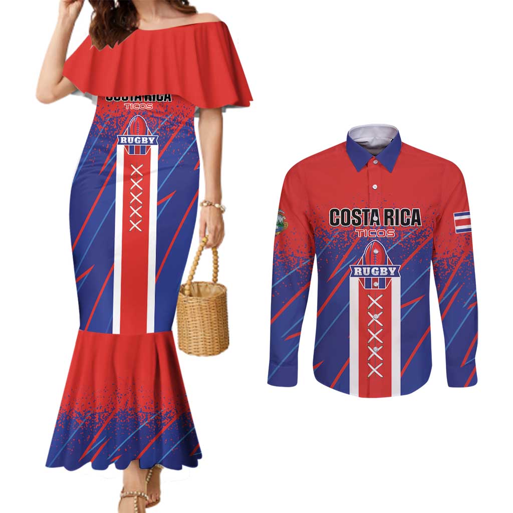 Custom Costa Rica Rugby Couples Matching Mermaid Dress and Long Sleeve Button Shirt Ticos Go Champions