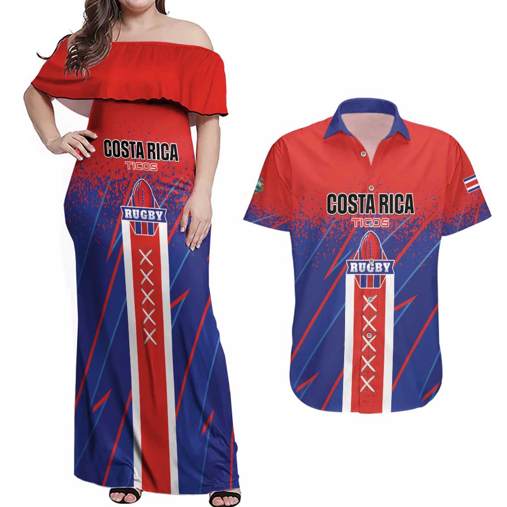 Custom Costa Rica Rugby Couples Matching Off Shoulder Maxi Dress and Hawaiian Shirt Ticos Go Champions
