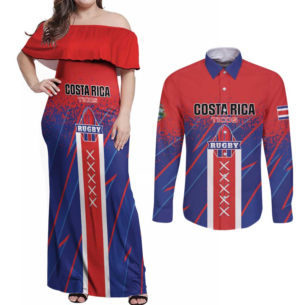 Custom Costa Rica Rugby Couples Matching Off Shoulder Maxi Dress and Long Sleeve Button Shirt Ticos Go Champions