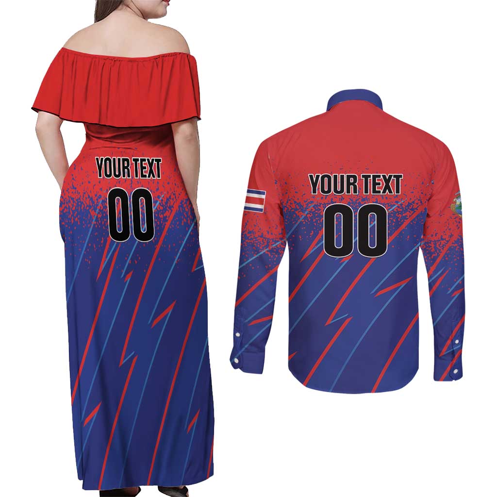 Custom Costa Rica Rugby Couples Matching Off Shoulder Maxi Dress and Long Sleeve Button Shirt Ticos Go Champions