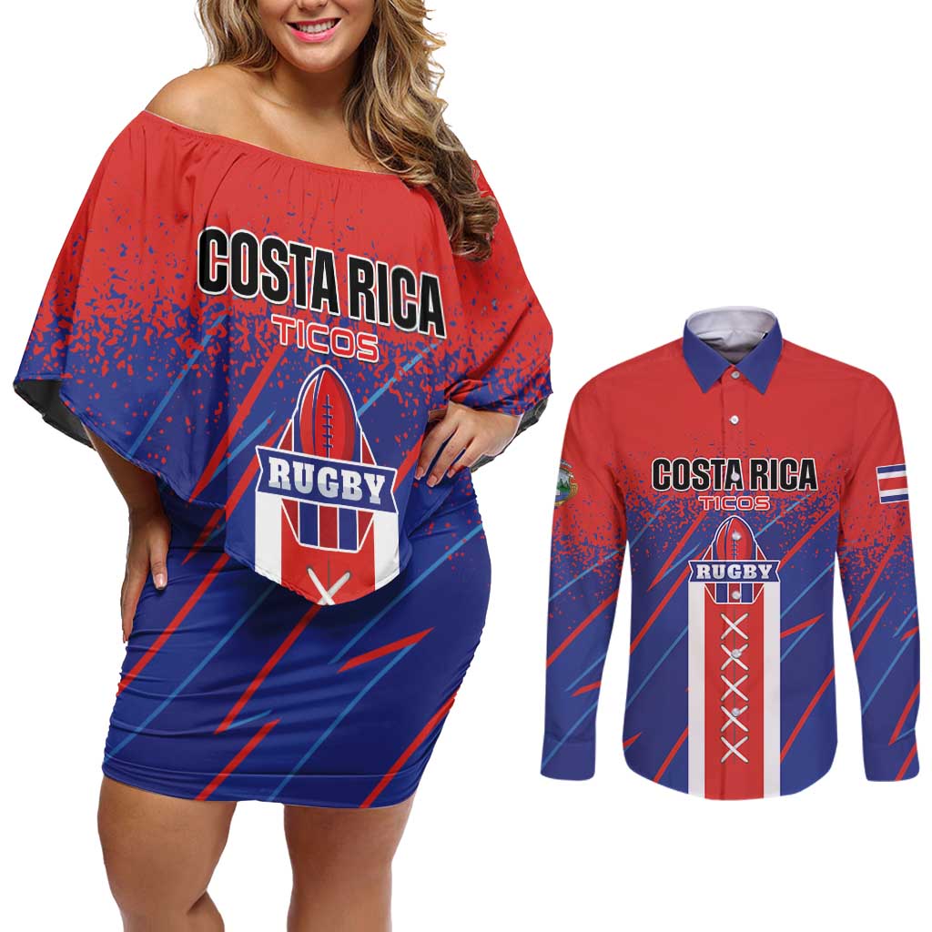 Custom Costa Rica Rugby Couples Matching Off Shoulder Short Dress and Long Sleeve Button Shirt Ticos Go Champions