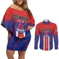 Custom Costa Rica Rugby Couples Matching Off Shoulder Short Dress and Long Sleeve Button Shirt Ticos Go Champions
