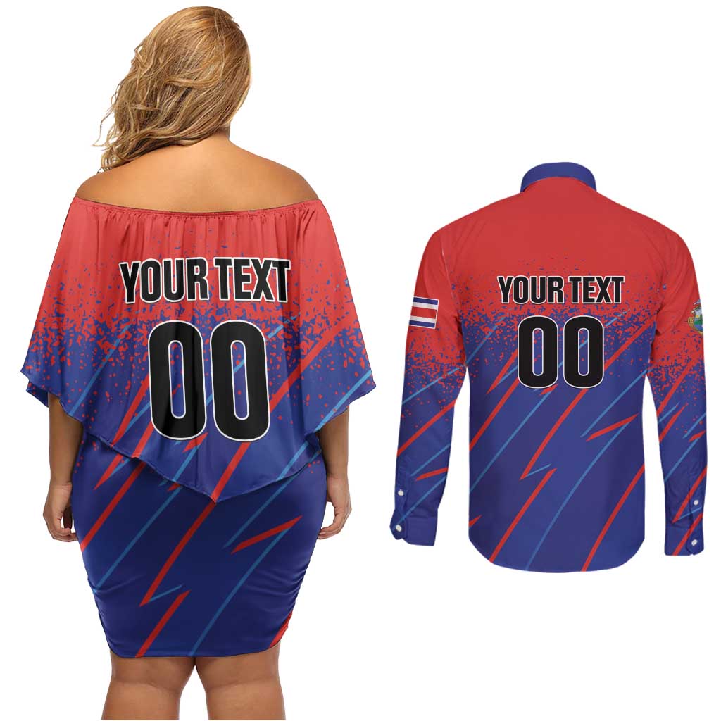 Custom Costa Rica Rugby Couples Matching Off Shoulder Short Dress and Long Sleeve Button Shirt Ticos Go Champions