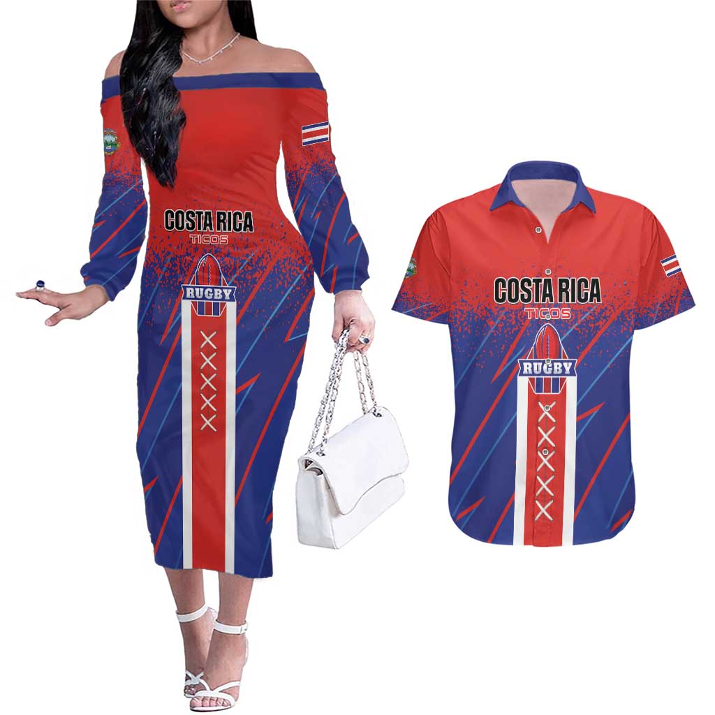 Custom Costa Rica Rugby Couples Matching Off The Shoulder Long Sleeve Dress and Hawaiian Shirt Ticos Go Champions