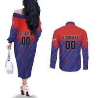 Custom Costa Rica Rugby Couples Matching Off The Shoulder Long Sleeve Dress and Long Sleeve Button Shirt Ticos Go Champions