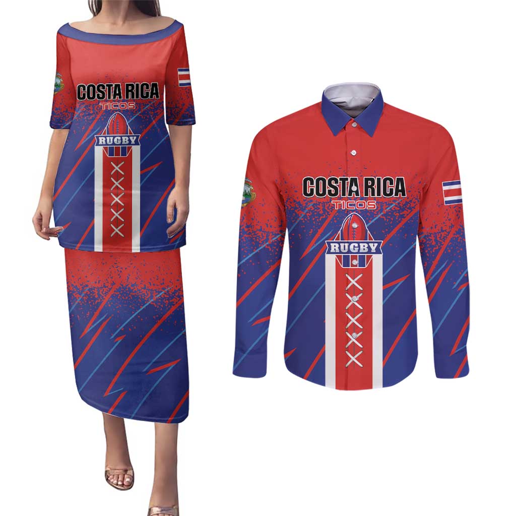Custom Costa Rica Rugby Couples Matching Puletasi and Long Sleeve Button Shirt Ticos Go Champions