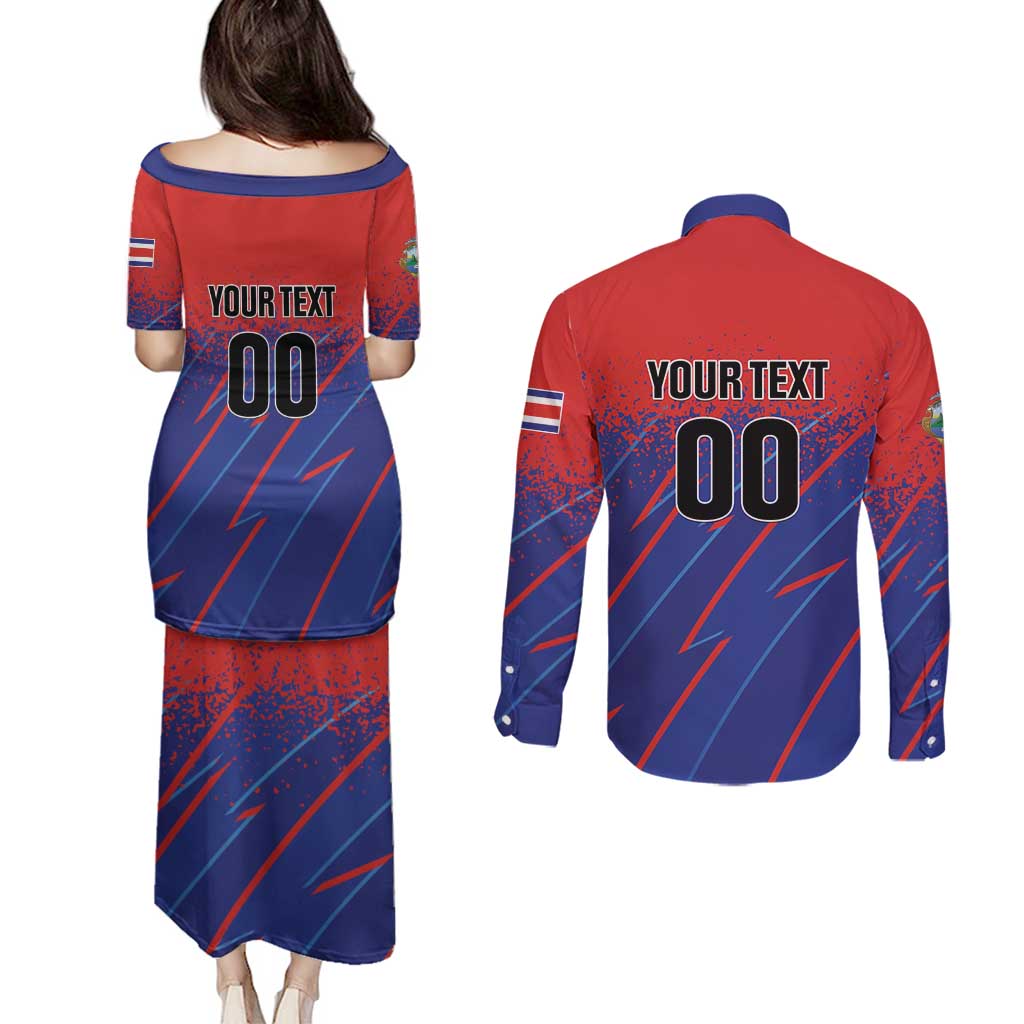 Custom Costa Rica Rugby Couples Matching Puletasi and Long Sleeve Button Shirt Ticos Go Champions
