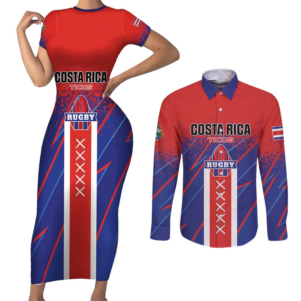Custom Costa Rica Rugby Couples Matching Short Sleeve Bodycon Dress and Long Sleeve Button Shirt Ticos Go Champions