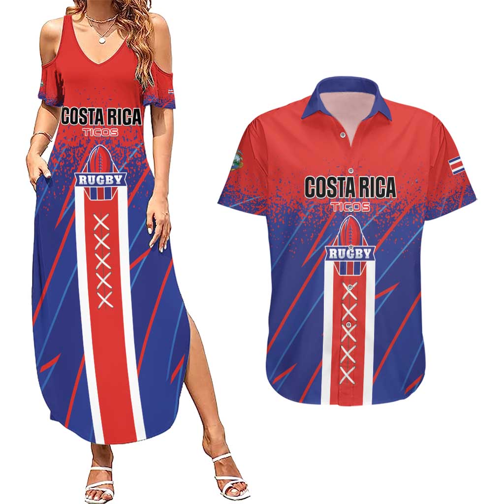 Custom Costa Rica Rugby Couples Matching Summer Maxi Dress and Hawaiian Shirt Ticos Go Champions