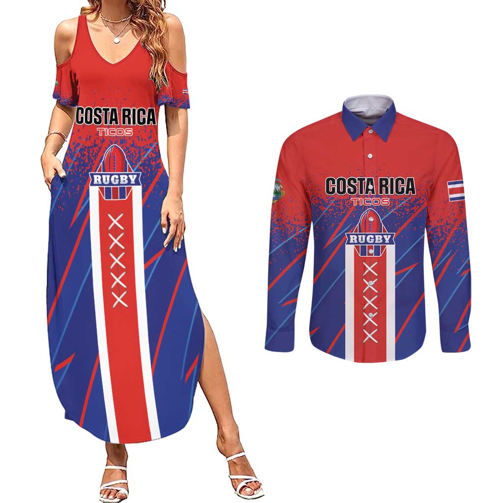Custom Costa Rica Rugby Couples Matching Summer Maxi Dress and Long Sleeve Button Shirt Ticos Go Champions