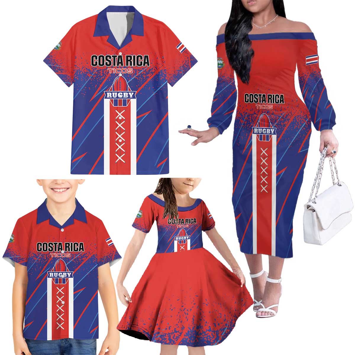 Custom Costa Rica Rugby Family Matching Off The Shoulder Long Sleeve Dress and Hawaiian Shirt Ticos Go Champions