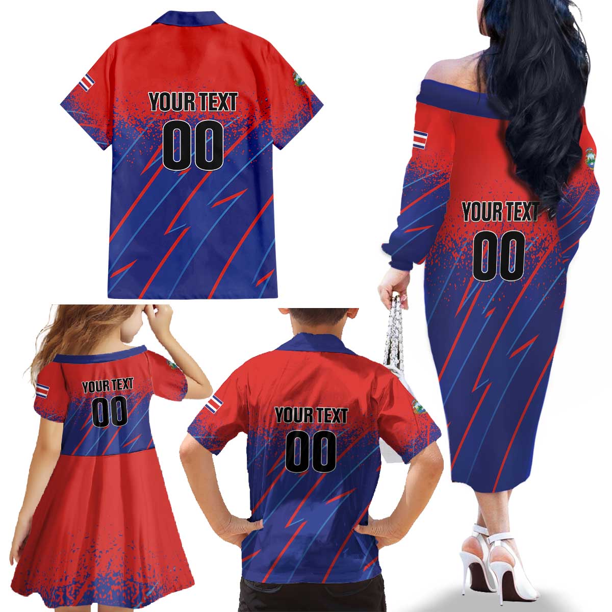 Custom Costa Rica Rugby Family Matching Off The Shoulder Long Sleeve Dress and Hawaiian Shirt Ticos Go Champions