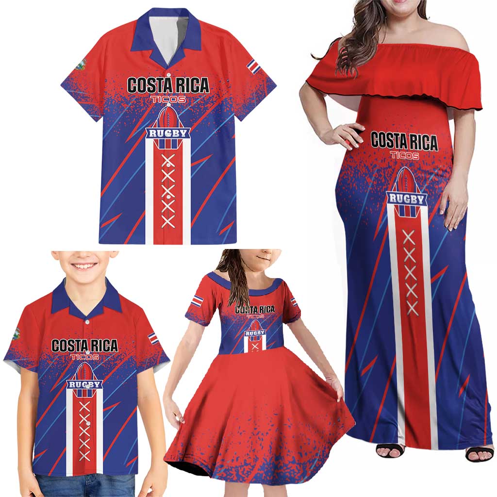 Custom Costa Rica Rugby Family Matching Off Shoulder Maxi Dress and Hawaiian Shirt Ticos Go Champions
