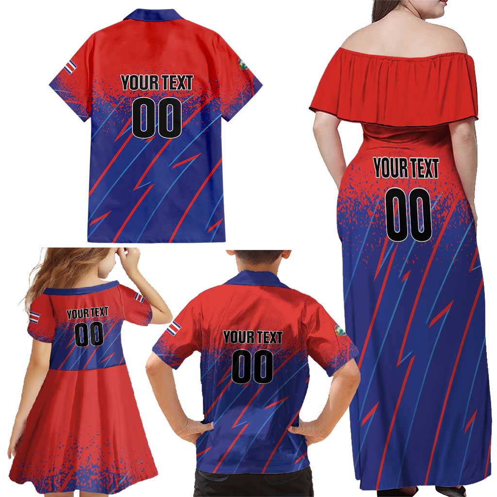 Custom Costa Rica Rugby Family Matching Off Shoulder Maxi Dress and Hawaiian Shirt Ticos Go Champions
