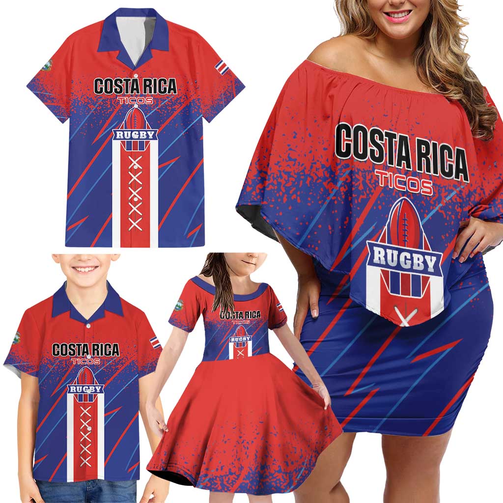 Custom Costa Rica Rugby Family Matching Off Shoulder Short Dress and Hawaiian Shirt Ticos Go Champions