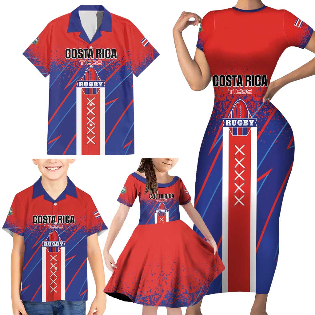 Custom Costa Rica Rugby Family Matching Short Sleeve Bodycon Dress and Hawaiian Shirt Ticos Go Champions