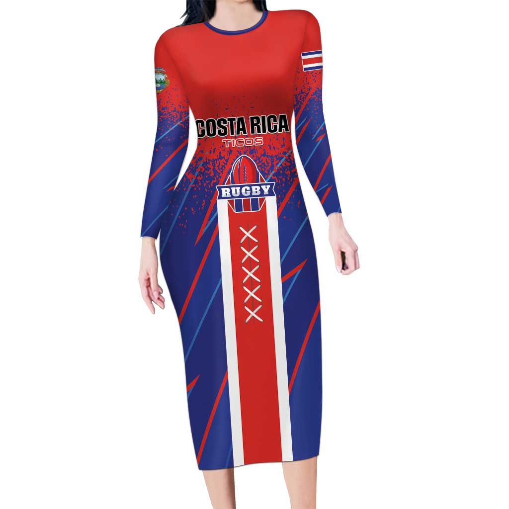 Custom Costa Rica Rugby Long Sleeve Bodycon Dress Ticos Go Champions