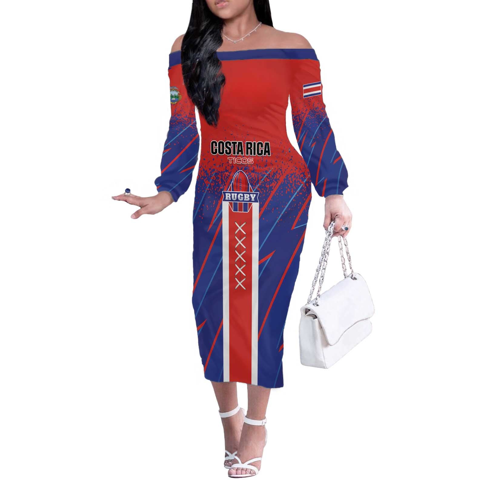 Custom Costa Rica Rugby Off The Shoulder Long Sleeve Dress Ticos Go Champions