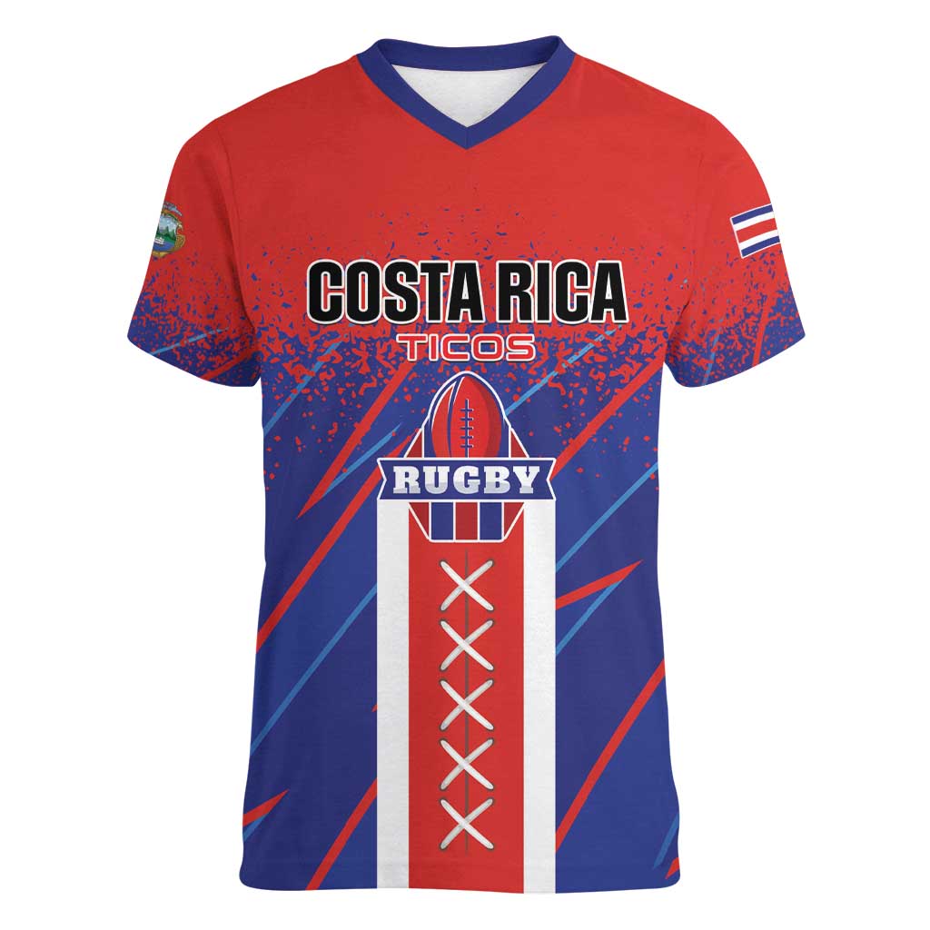 Custom Costa Rica Rugby Women V-Neck T-Shirt Ticos Go Champions