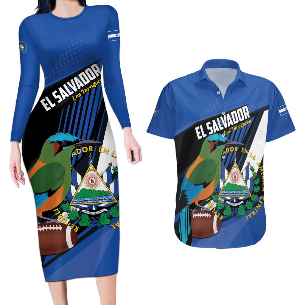 Custom El Salvador Rugby Couples Matching Long Sleeve Bodycon Dress and Hawaiian Shirt Los Torogoces Go Champions