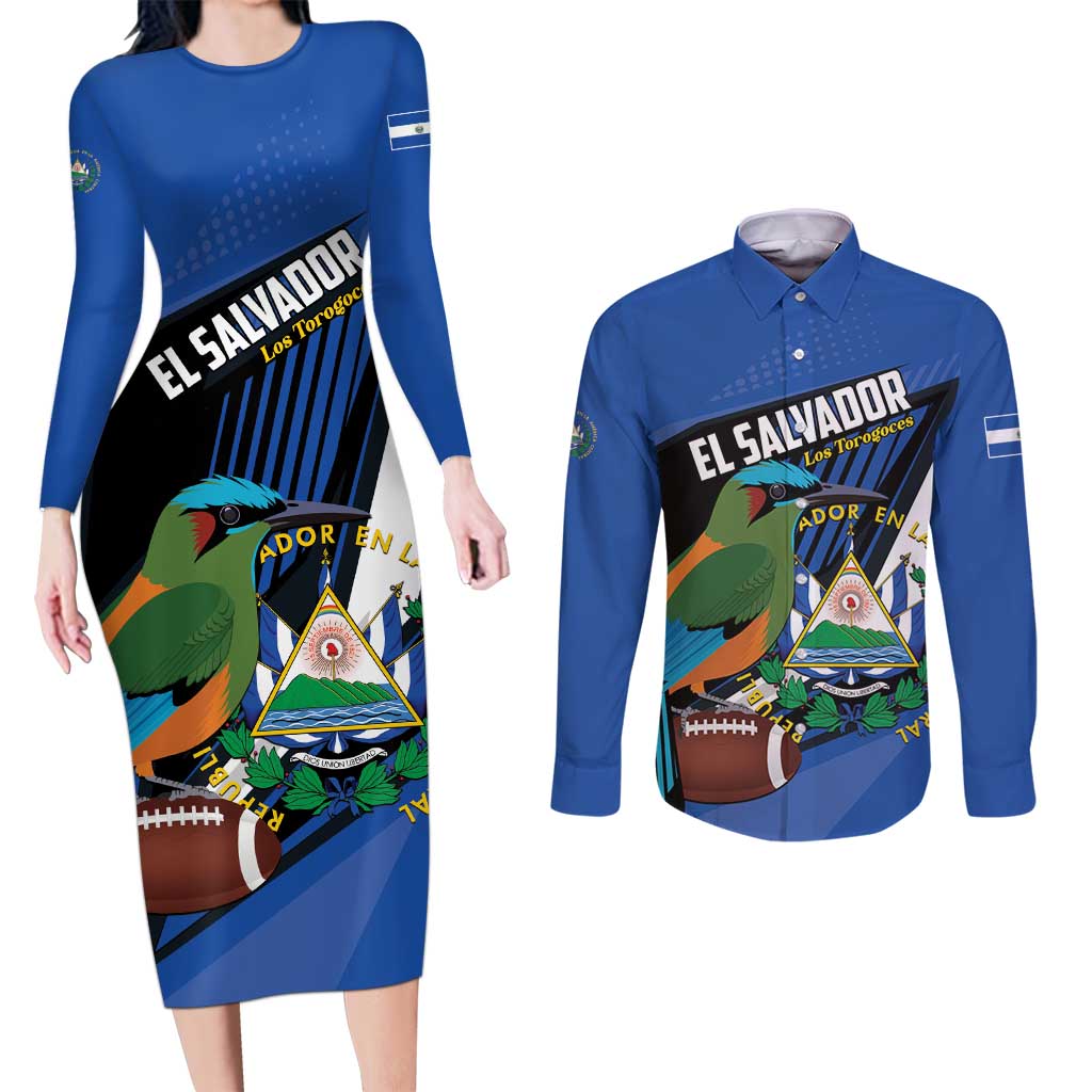 Custom El Salvador Rugby Couples Matching Long Sleeve Bodycon Dress and Long Sleeve Button Shirt Los Torogoces Go Champions