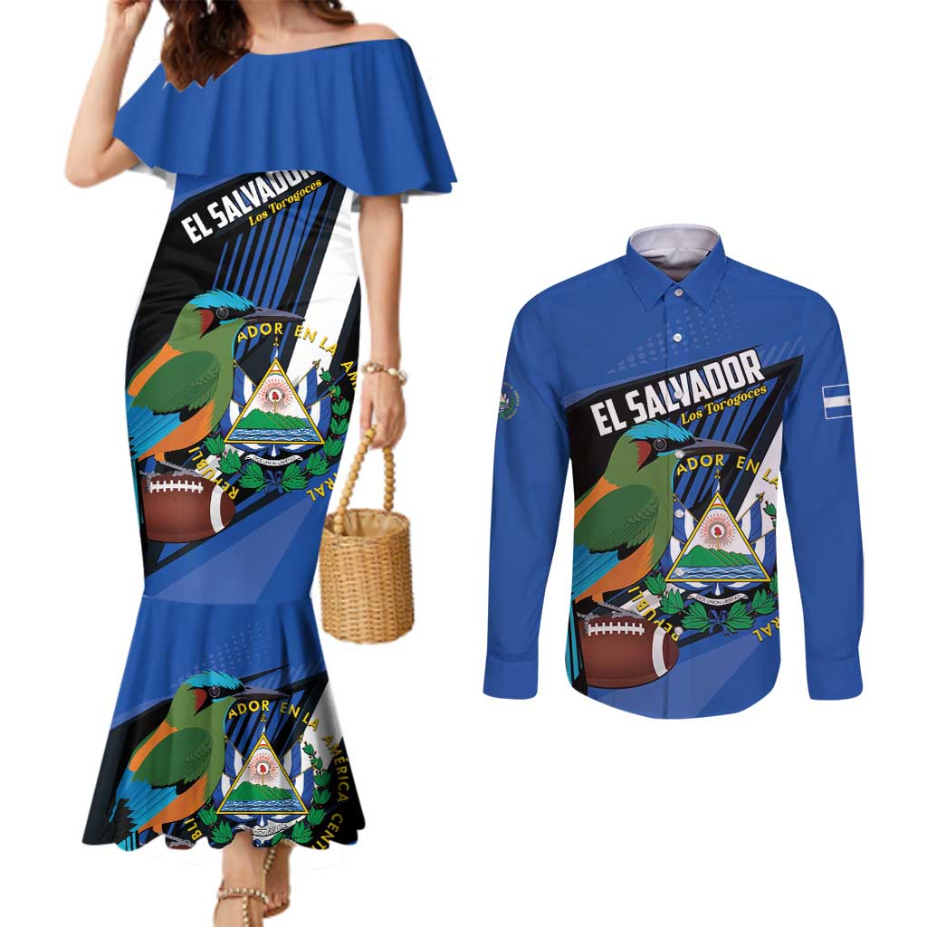 Custom El Salvador Rugby Couples Matching Mermaid Dress and Long Sleeve Button Shirt Los Torogoces Go Champions