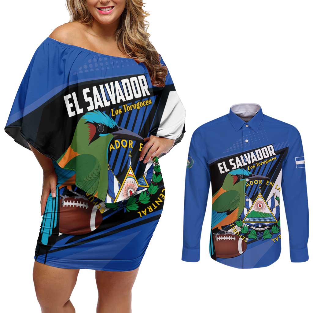 Custom El Salvador Rugby Couples Matching Off Shoulder Short Dress and Long Sleeve Button Shirt Los Torogoces Go Champions