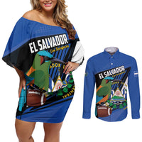 Custom El Salvador Rugby Couples Matching Off Shoulder Short Dress and Long Sleeve Button Shirt Los Torogoces Go Champions