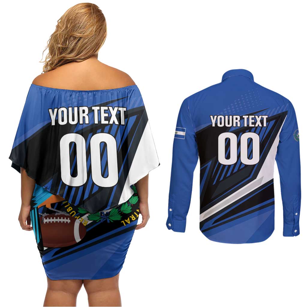 Custom El Salvador Rugby Couples Matching Off Shoulder Short Dress and Long Sleeve Button Shirt Los Torogoces Go Champions
