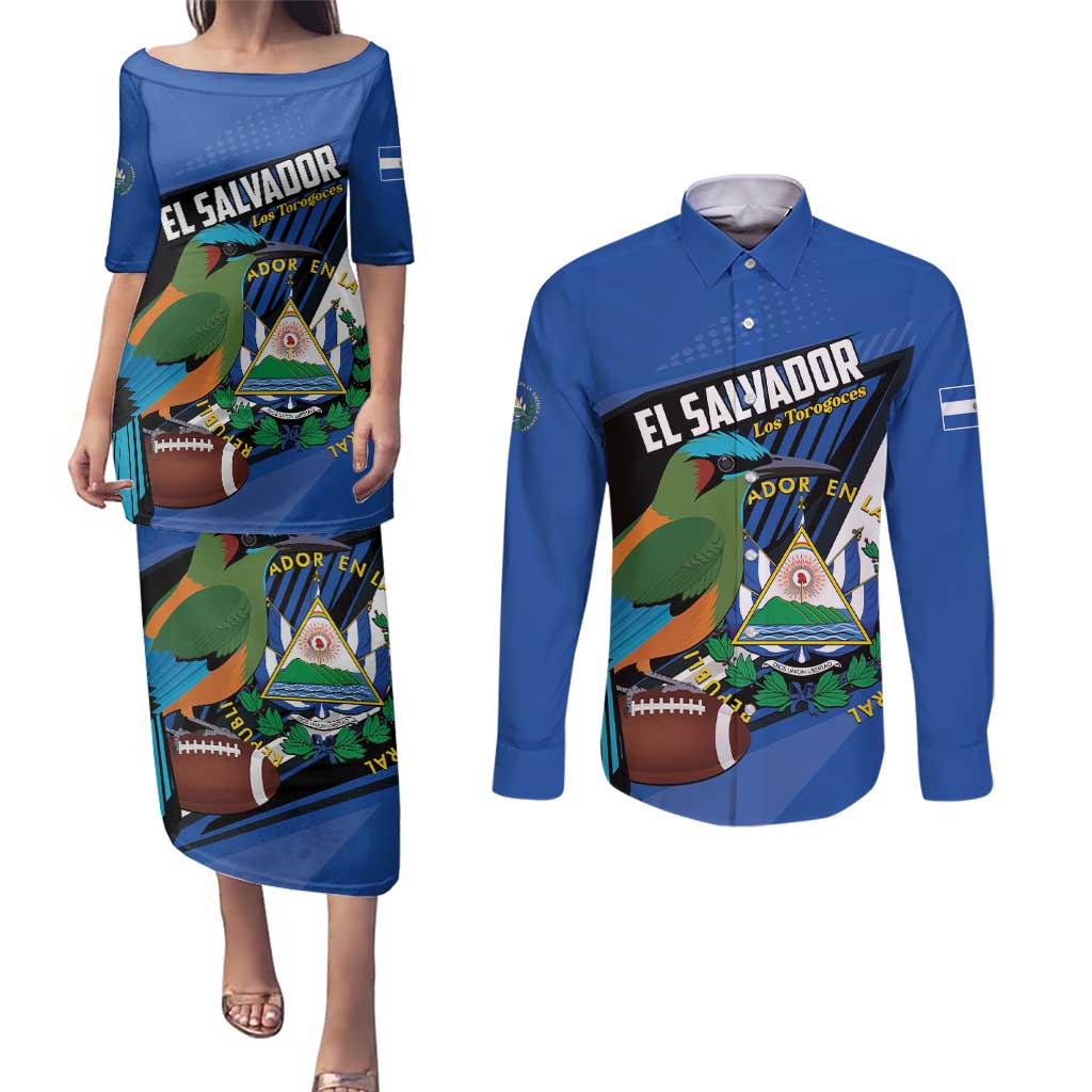 Custom El Salvador Rugby Couples Matching Puletasi and Long Sleeve Button Shirt Los Torogoces Go Champions