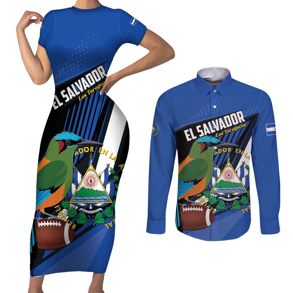 Custom El Salvador Rugby Couples Matching Short Sleeve Bodycon Dress and Long Sleeve Button Shirt Los Torogoces Go Champions