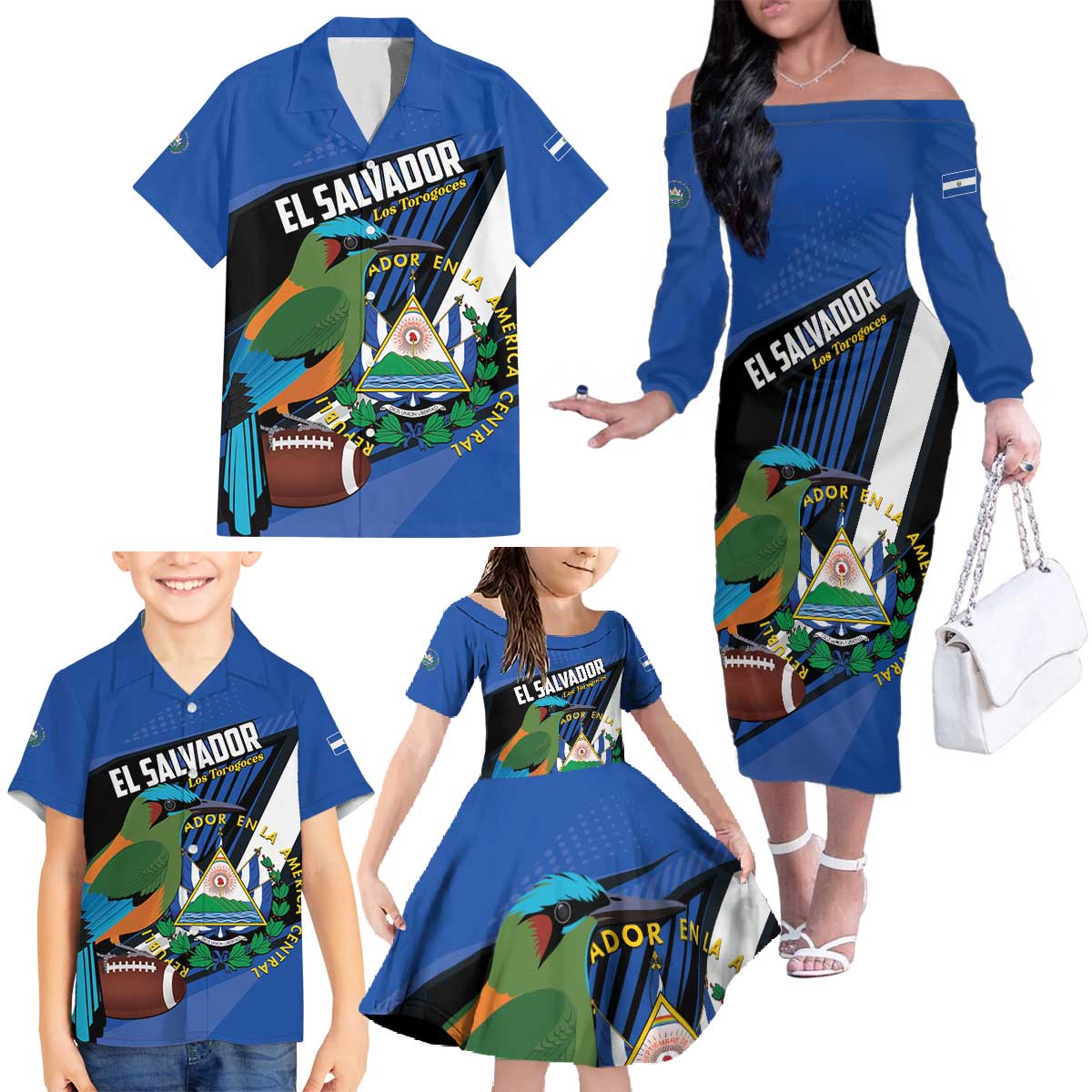 Custom El Salvador Rugby Family Matching Off The Shoulder Long Sleeve Dress and Hawaiian Shirt Los Torogoces Go Champions